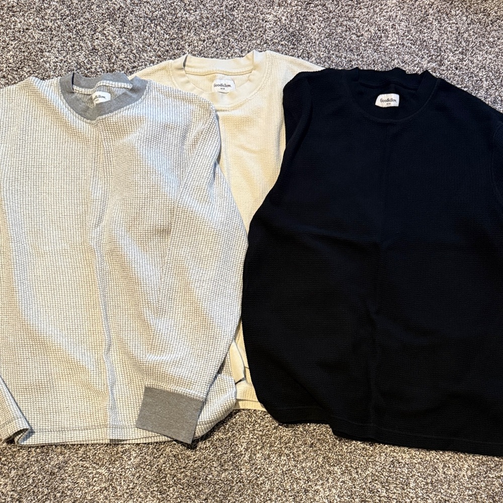 Men's Goodfellow Waffle Knit Longsleeve 3 Pack - Black, Cream, Gray - M